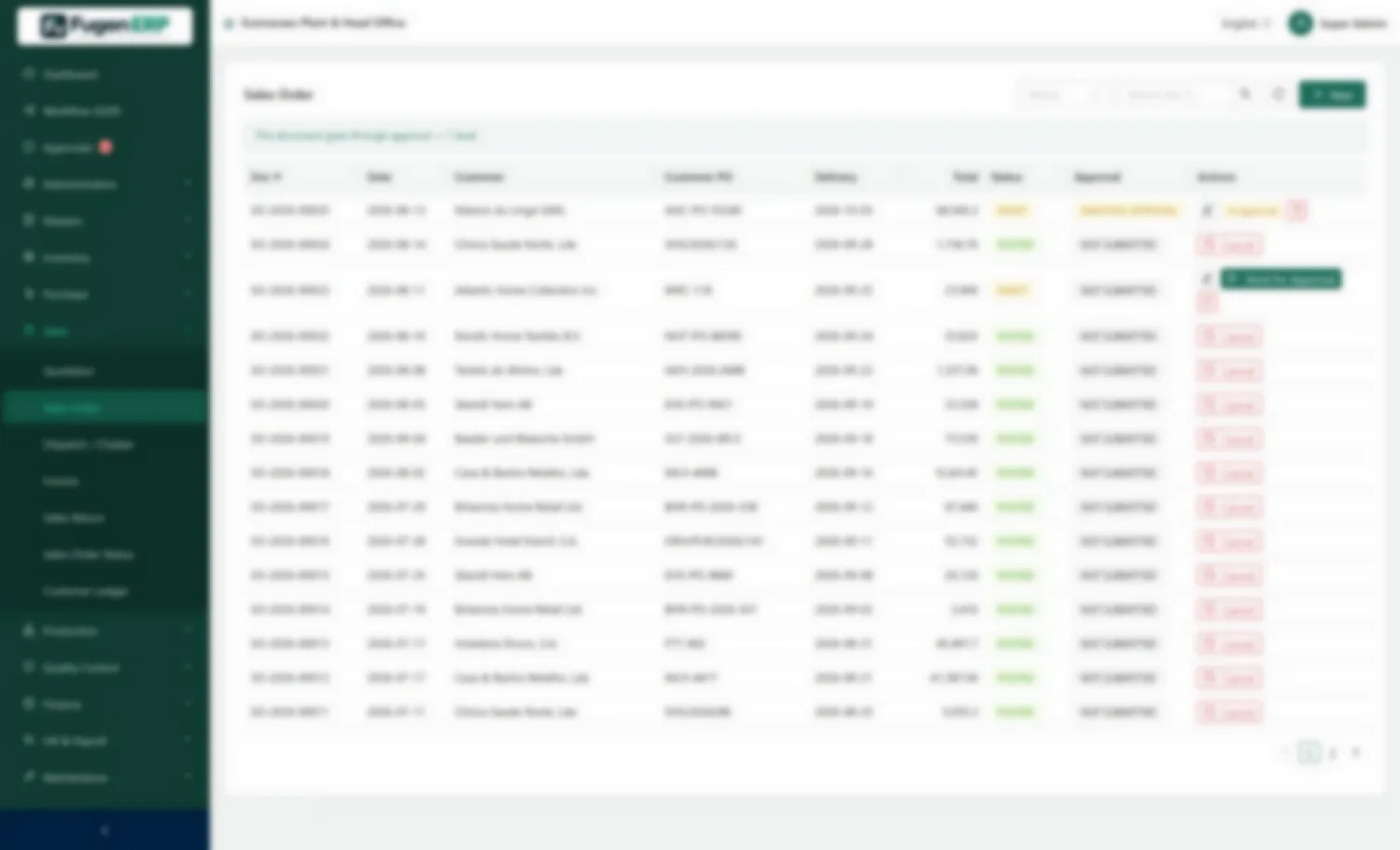 Sales order book — Confirmed orders with delivery dates, buyer references and production status.