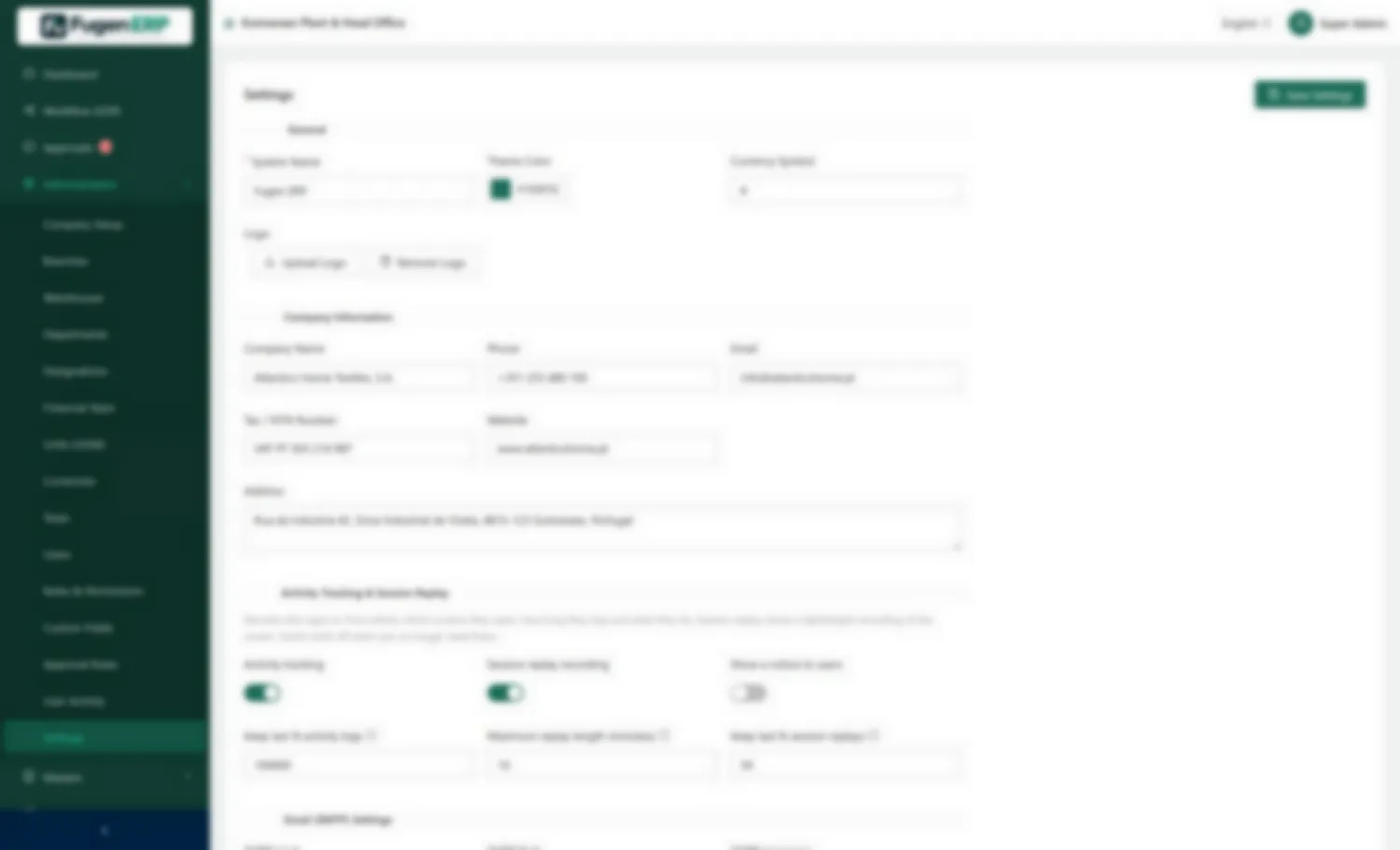 System settings — Branding, currency, tracking and retention controls.