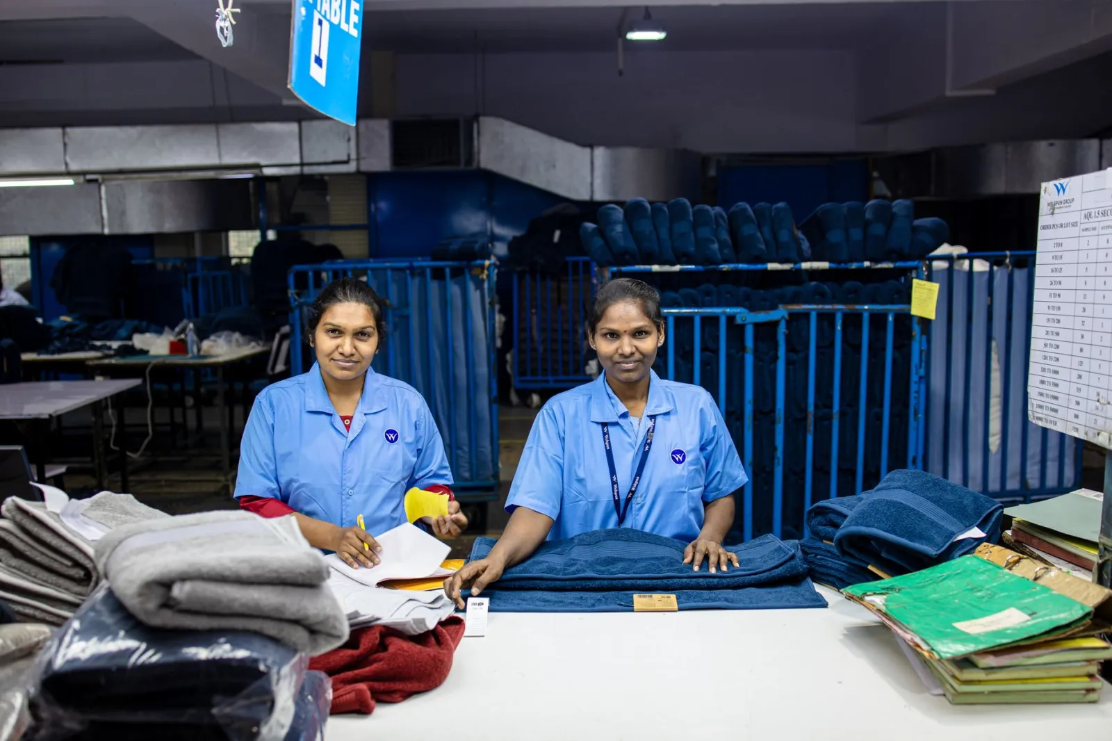 Two female textile workers in blue uniforms working in a factory setting.